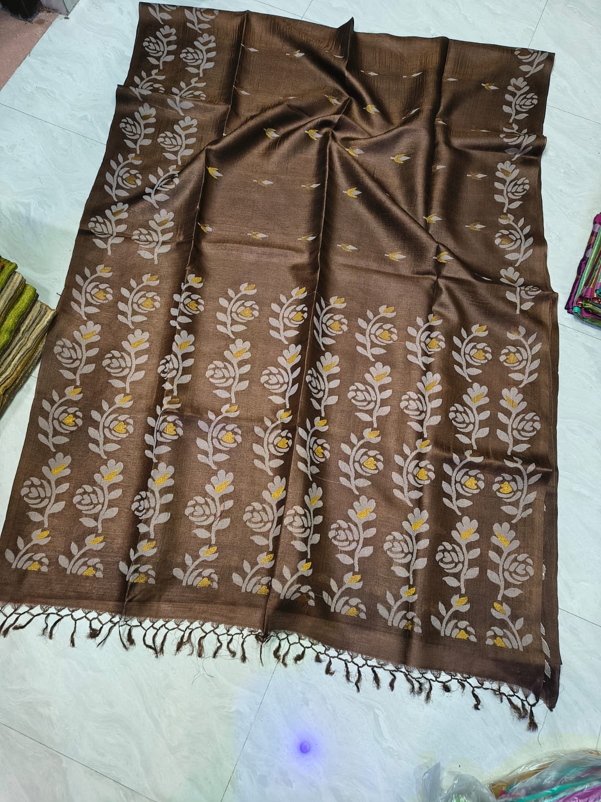 Coffee Pure Tussar By Tussar Handloom Jamdani Sari With Blouse Piece