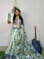 Cream Soft Allover Pata Jamdani Sari With Blouse Piece