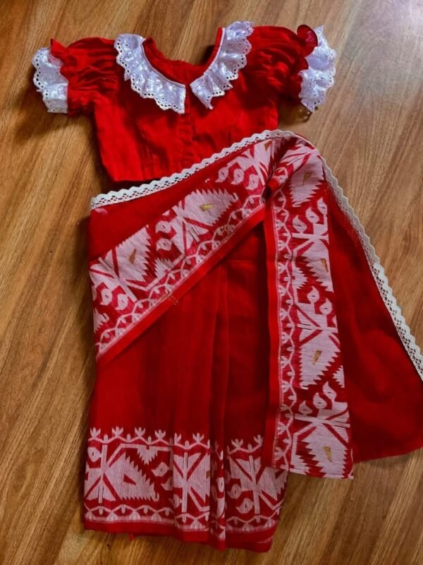 Cute Baby Red Soft Dhakai Jamdani Sari With Blouse Piece