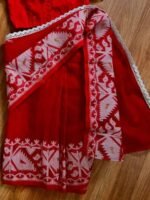 Cute Baby Red Soft Dhakai Jamdani Sari With Blouse Piece
