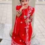 Cute Baby Red Soft Jamdani Sari With Blouse Piece - 3-6 Years