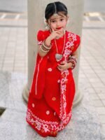 Cute Baby Red Soft Jamdani Sari With Blouse Piece - 3-6 Years
