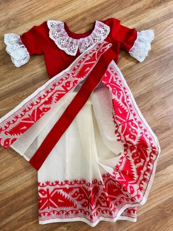 Cute Baby White Soft Dhakai Jamdani Sari With Blouse Piece