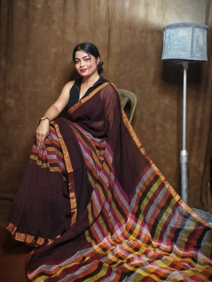 Exclusive Dark Coffee Plain Soft Tissue Sari With Blouse Piece