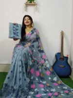 Dark Grey Soft Allover Pata Jamdani Sari With Blouse Piece