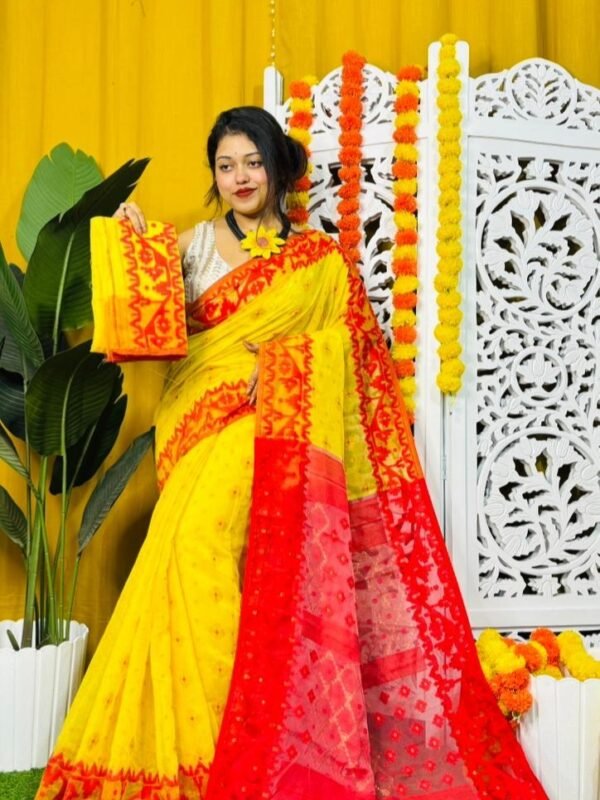 Dark Yellow Soft Dhakai Jamdani Sari