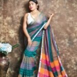 Exclusive Dual Tone Deep Aqua Plain Jori Tissue Sari With Blouse Piece