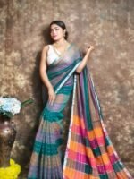 Exclusive Dual Tone Deep Aqua Plain Jori Tissue Sari With Blouse Piece
