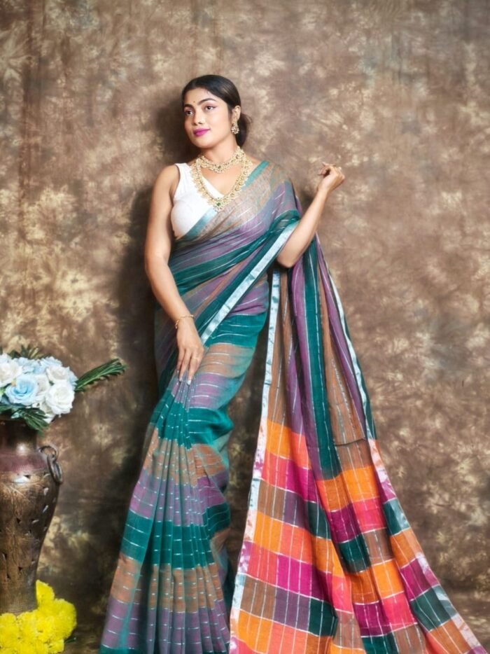 Exclusive Dual Tone Deep Aqua Plain Jori Tissue Sari With Blouse Piece