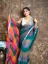 Exclusive Dual Tone Deep Aqua Plain Jori Tissue Sari With Blouse Piece