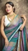 Exclusive Dual Tone Deep Aqua Plain Jori Tissue Sari With Blouse Piece