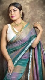 Exclusive Dual Tone Deep Aqua Plain Jori Tissue Sari With Blouse Piece