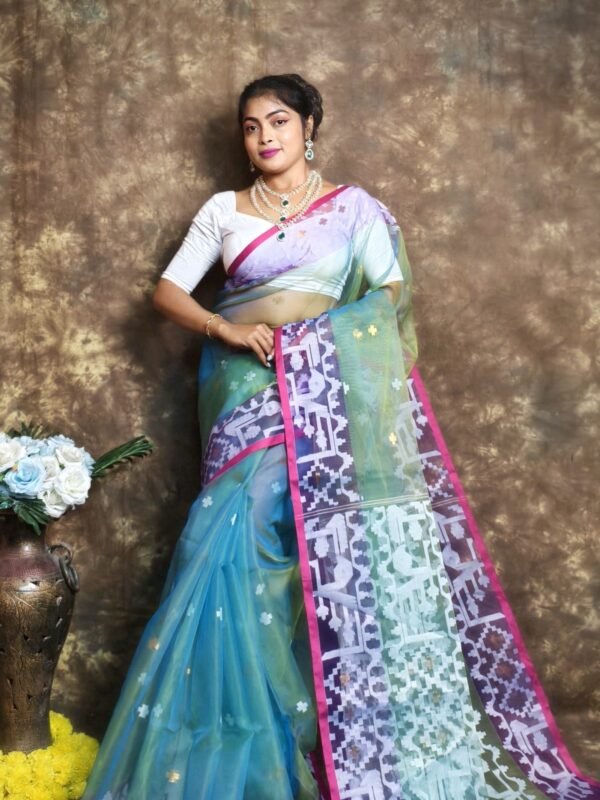 Dirty Blue Buti Soft Muslin Jamdani Sari With Blouse Piece