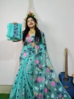 Dusty Teal Soft Allover Pata Jamdani Sari With Blouse Piece