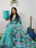 Dusty Teal Soft Allover Pata Jamdani Sari With Blouse Piece