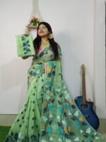 Frog Green Soft Allover Pata Jamdani Sari With Blouse Piece