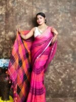 Exclusive Dual Tone Hot Pink Plain Jori Tissue Sari With Blouse Piece