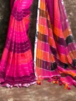 Exclusive Dual Tone Hot Pink Plain Jori Tissue Sari With Blouse Piece
