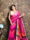 Exclusive Dual Tone Hot Pink Plain Jori Tissue Sari With Blouse Piece
