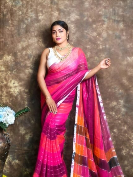 Exclusive Dual Tone Hot Pink Plain Jori Tissue Sari With Blouse Piece