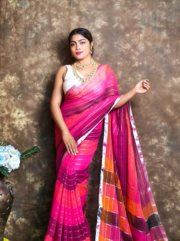 Exclusive Dual Tone Hot Pink Plain Jori Tissue Sari With Blouse Piece