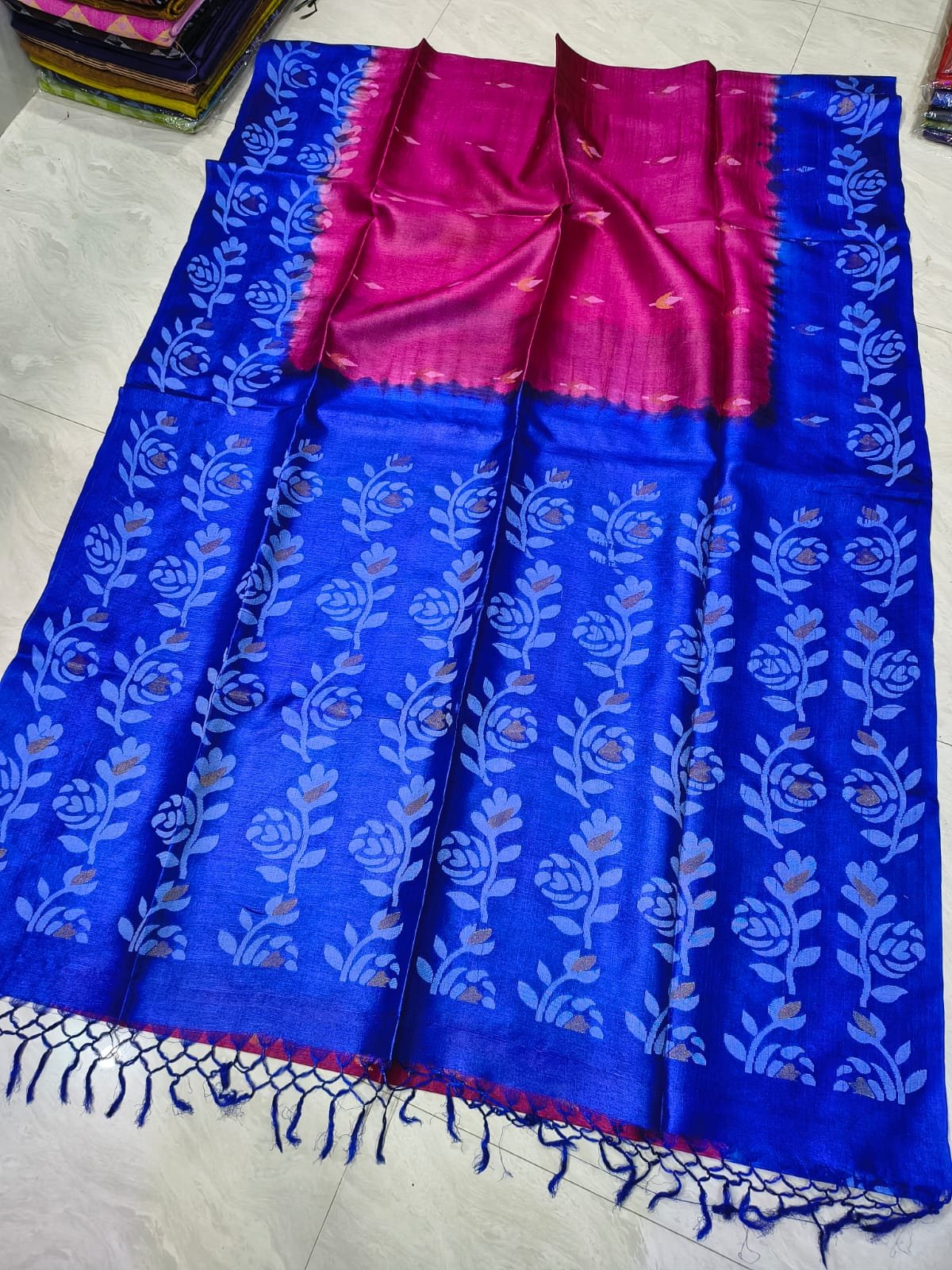 Hot Pink Handloom Pure Gachi Tussar Dhakai Jamdani Saree with Blouse Piece