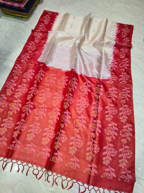 Light Cream Handloom Pure Gachi Tussar Dhakai Jamdani Saree with Blouse Piece