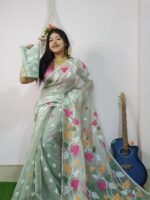 Light Green Soft Allover Pata Jamdani Sari With Blouse Piece
