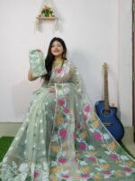 Light Green Soft Allover Pata Jamdani Sari With Blouse Piece
