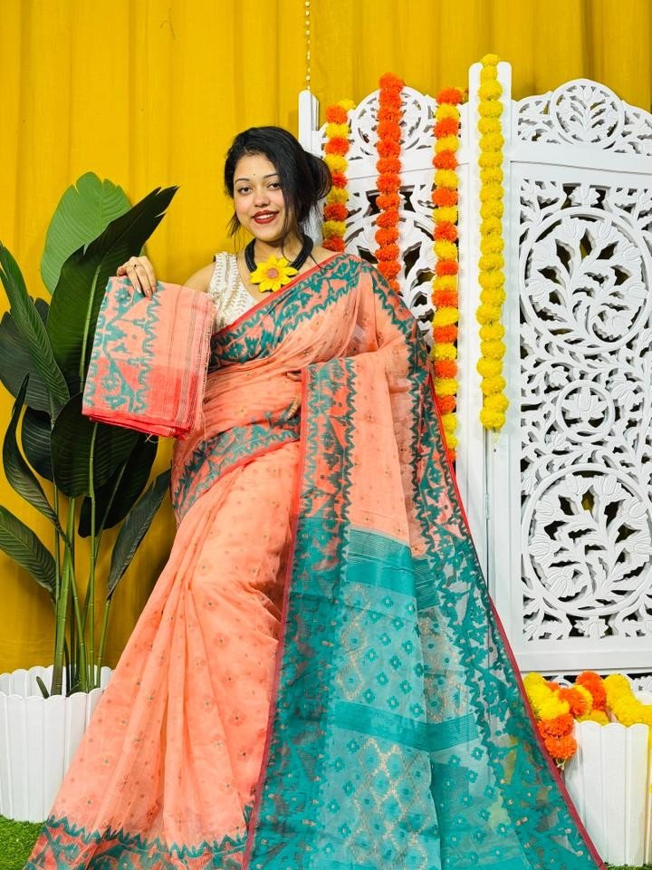 Light Salmon Soft Dhakai Jamdani Sari