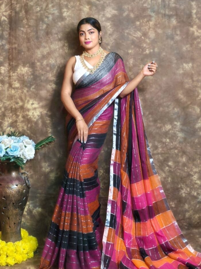Exclusive Dual Tone Maroon Plain Jori Tissue Sari With Blouse Piece