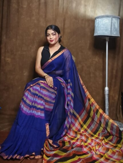 Exclusive Navy Blue Plain Soft Tissue Sari With Blouse Piece