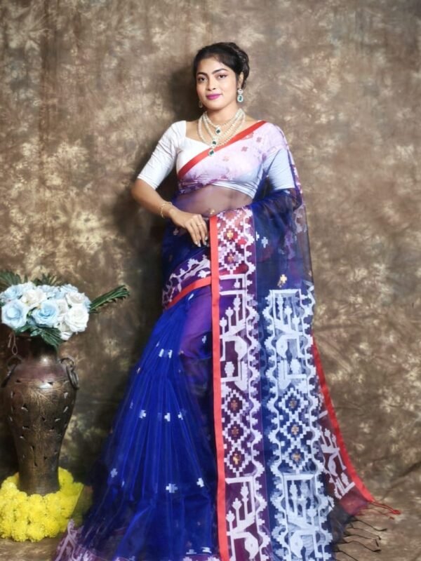 Navy Blue Buti Soft Muslin Jamdani Sari With Blouse Piece