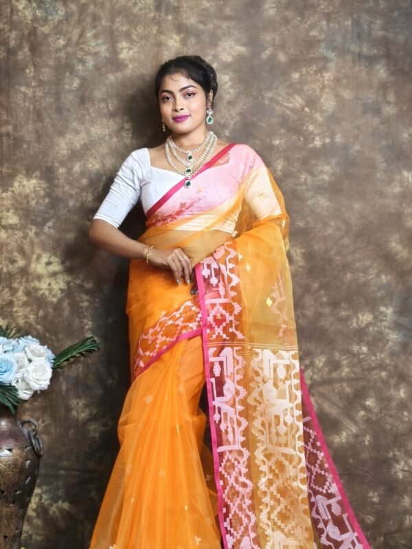 Orange Buti Soft Muslin Jamdani Sari With Blouse Piece