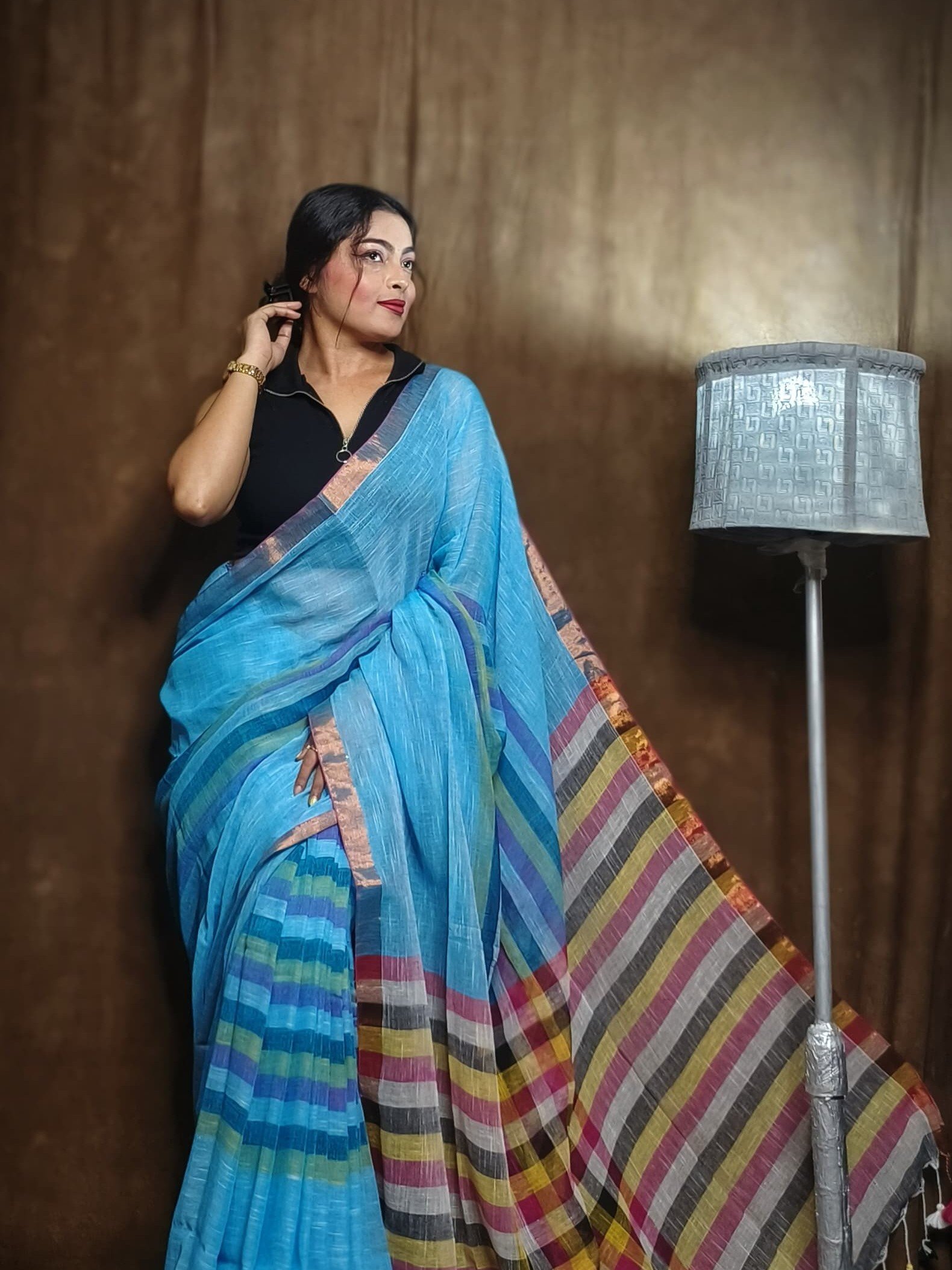 Exclusive Picton Blue Plain Soft Tissue Sari With Blouse Piece