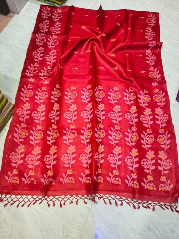 Pinkish Red Pure Tussar By Tussar Handloom Jamdani Sari With Blouse Piece
