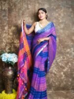 Exclusive Dual Tone Purple Plain Jori Tissue Sari With Blouse Piece