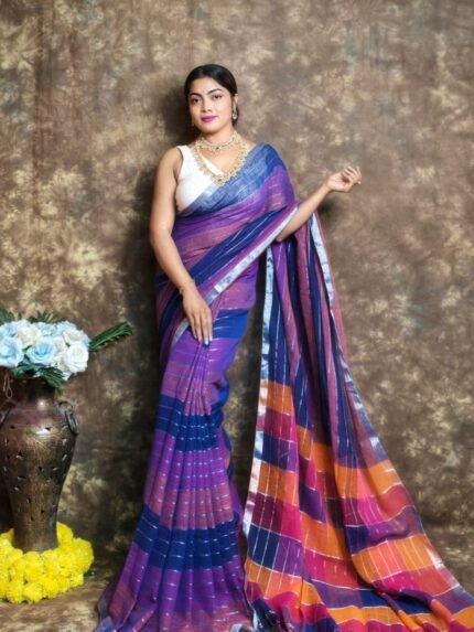 Exclusive Dual Tone Purple Plain Jori Tissue Sari With Blouse Piece
