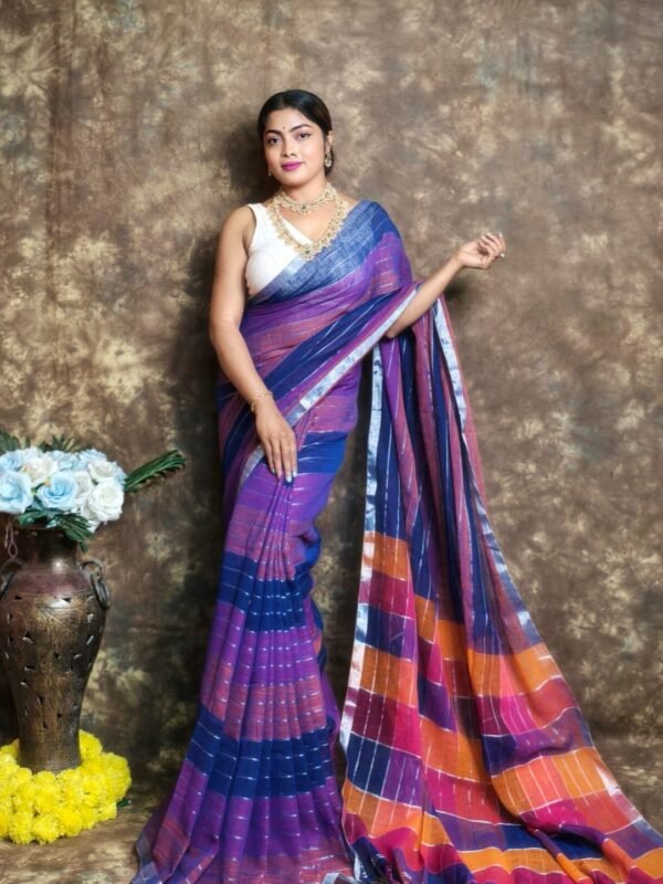 Exclusive Dual Tone Purple Plain Jori Tissue Sari With Blouse Piece