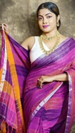 Exclusive Dual Tone Purple Plain Jori Tissue Sari With Blouse Piece