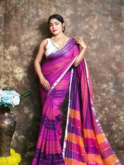Exclusive Dual Tone Purple Plain Jori Tissue Sari With Blouse Piece