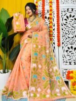 Shiuli Soft Dark Salmon Jamdani Saree