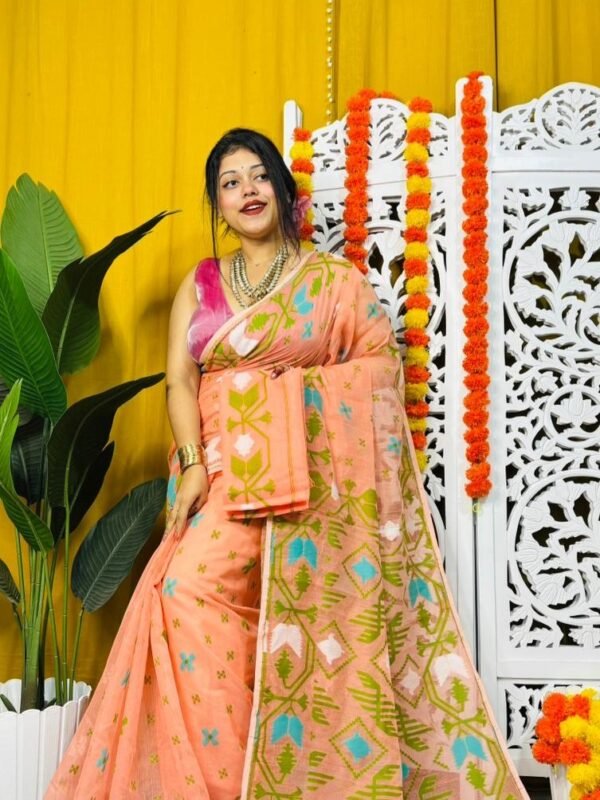 Shiuli Soft Dark Salmon Jamdani Saree