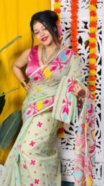 Shiuli Soft Frog Green Jamdani Saree