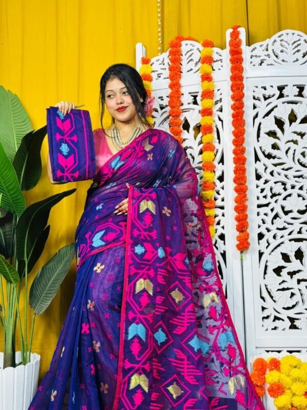 Shiuli Soft Navy Blue Jamdani Saree