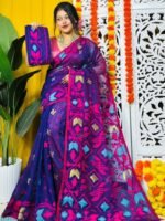 Shiuli Soft Navy Blue Jamdani Saree
