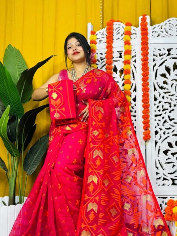 Shiuli Soft Pinkish Red Jamdani Saree