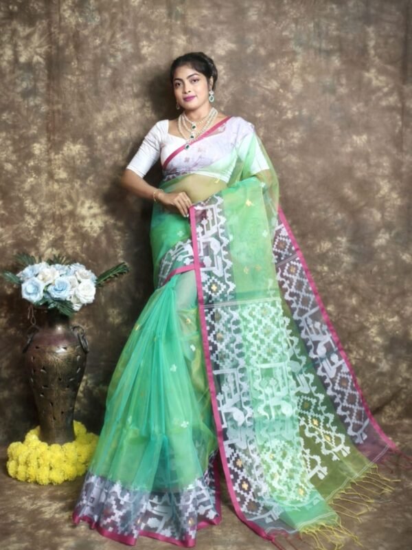 Silver Tree Buti Soft Muslin Jamdani Sari With Blouse Piece