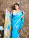 Exclusive Dual Tone Sky Blue Plain Jori Tissue Sari With Blouse Piece