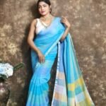Exclusive Dual Tone Sky Blue Plain Jori Tissue Sari With Blouse Piece
